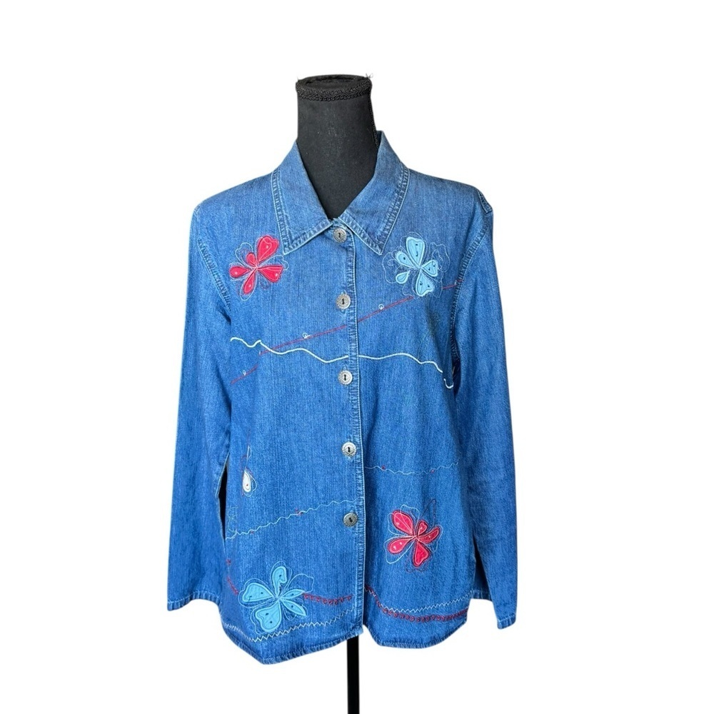 Bobbie Brooks Denim Shirt Jacket Butterfly Embroidered Y2K Cottagecore Med AA4